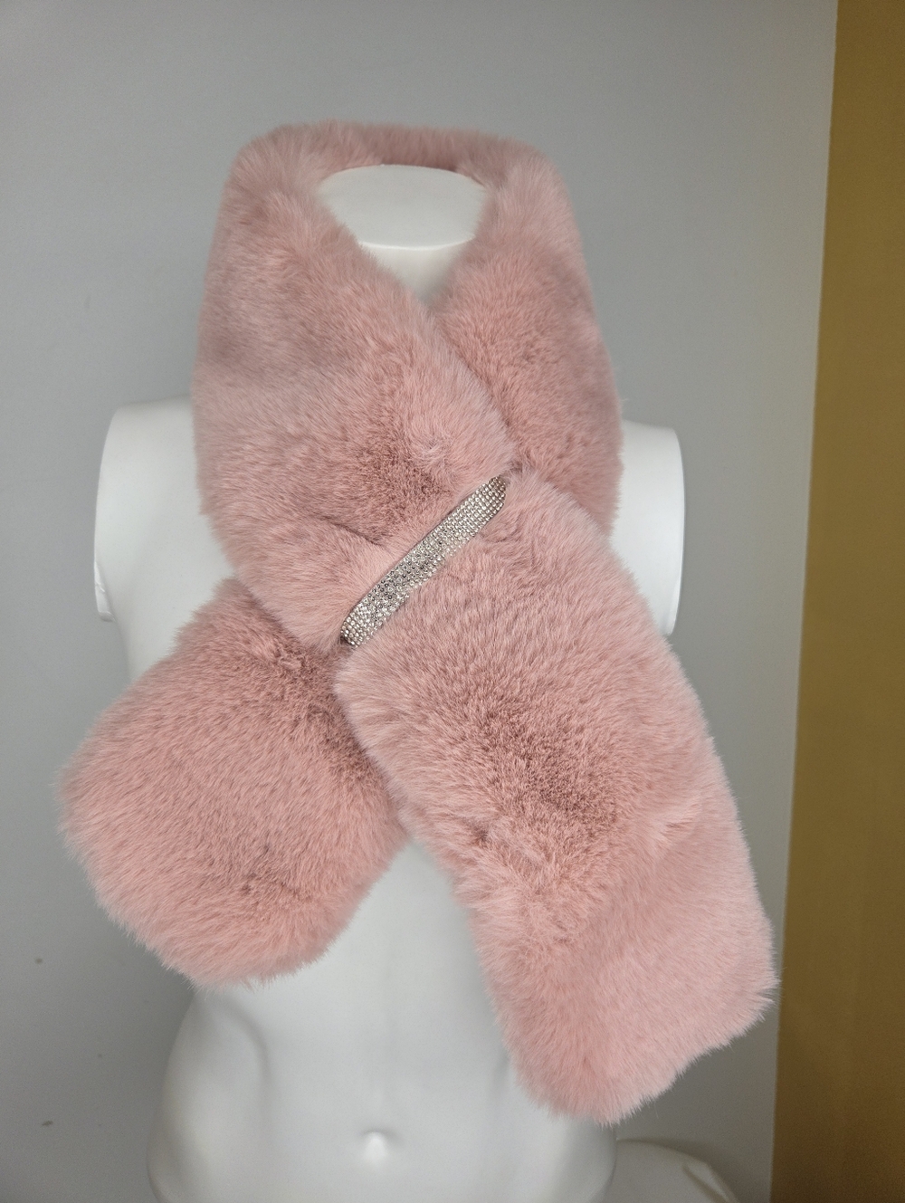 Juicy Couture OS Pink Faux Fur Scarf with Crystal Bar